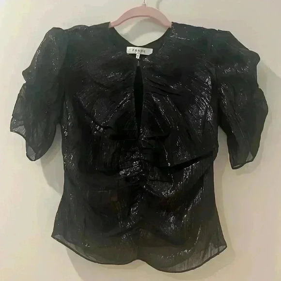 NWOT FRAME Ruched Sleeve Keyhole Top Metallic Silk Blend Black Size XS - Picture 12 of 12